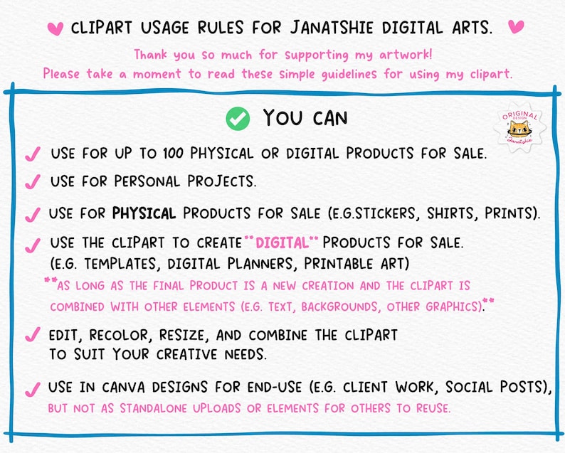 May include: A digital art usage guide with a blue border and pink accents. The text reads "Clipart Usage Rules" and lists guidelines for using the clipart, including for physical and digital products, personal projects, and Canva designs. The image includes a green checkmark.