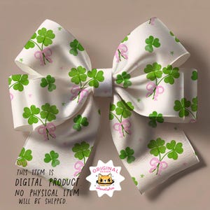 May include: A white bow with a green four-leaf clover pattern and pink bows. The bow has a white star pattern and the text "ORIGINAL DESIGN Zanatshie" on a white star.