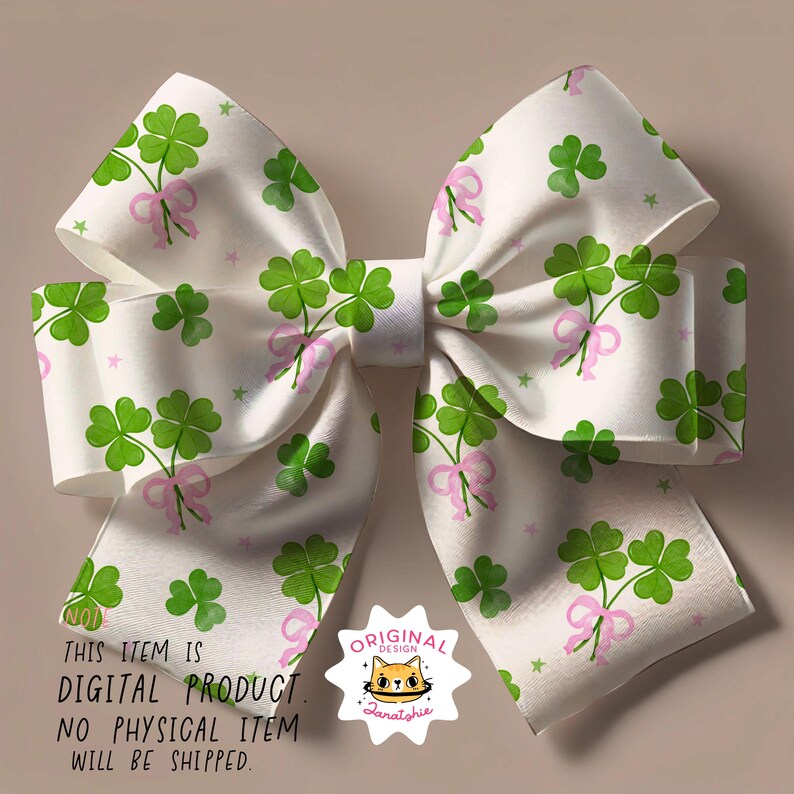 May include: A white bow with a green four-leaf clover pattern and pink bows. The bow has a white star pattern and the text "ORIGINAL DESIGN Zanatshie" on a white star.