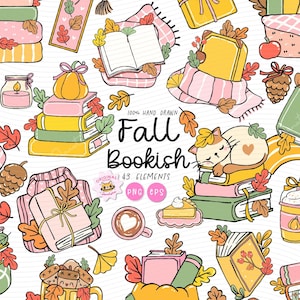 May include: A colourful illustration with autumn-themed elements. The design includes stacks of books, pumpkins, blankets, fall leaves, and a sleeping cat. The words "Fall Bookish" are displayed, along with the text "100% Hand Drawn".