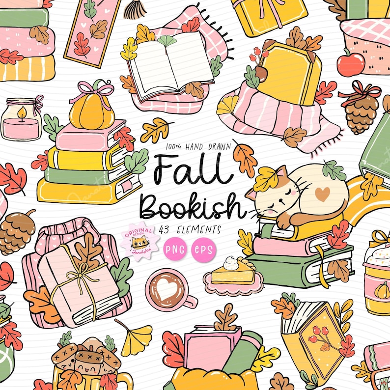 Fall Bookish PNG,  Autumn Reading Clipart, Fall Reading png, Autumn Bookish, Whimsical Cozy Reading Aesthetic Hand Drawn Cartoon Clipart Set.  Get cozy with this Fall Bookish PNG Clipart Set, a warm and whimsical collection of autumn reading-themed illustrations perfect for all your seasonal projects. Featuring books, fall leaves, cozy sweaters, hot drinks, candles, pumpkins, Cat and more, these hand-drawn doodles capture the heart of a book lover’s favorite season.