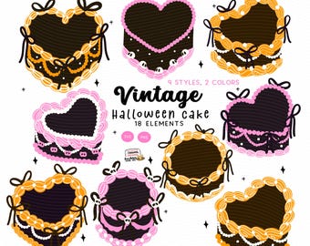 Vintage Halloween Heart Cake PNG SVG | Retro Coquette Gothic Birthday Clipart | Dark Valentine Cake | Spooky Heart Dessert.