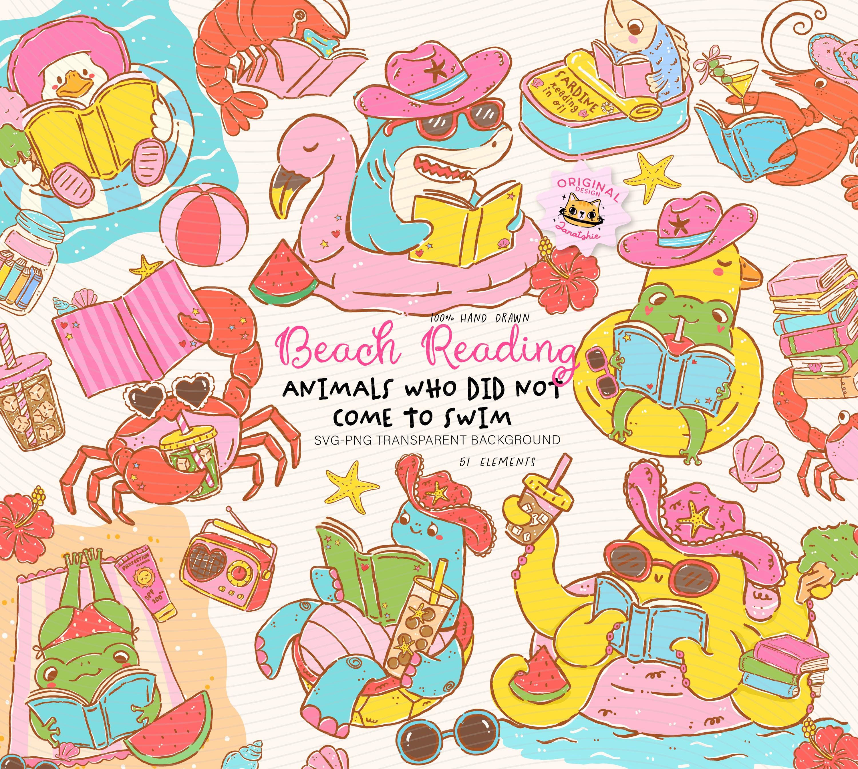 Retro Beach Reading PNG, Bookish Summer SVG, Animals Read Book Clipart ...