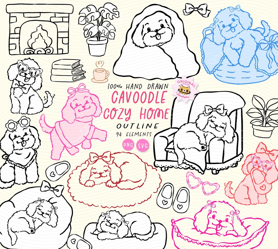 Hand Drawn Cavoodle (cavapoo) Dog Outline Clipart Set Whimsical Cozy ...
