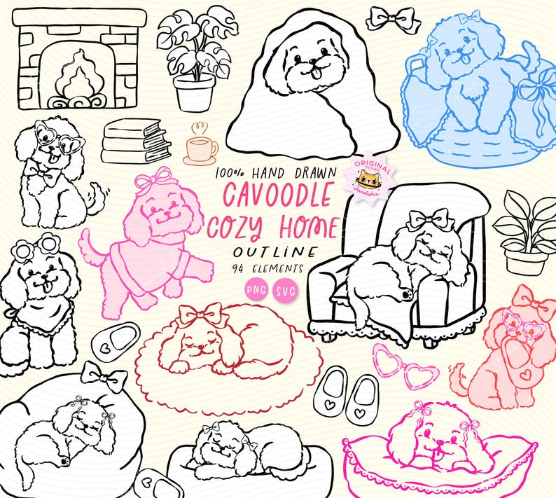 Hand Drawn Cavoodle (cavapoo) Dog Outline Clipart Set Whimsical Cozy ...