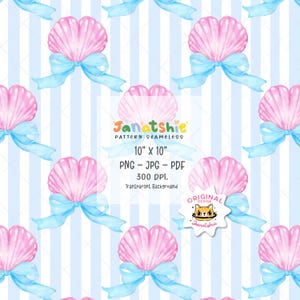 Papel tapiz digital de acuarela de verano pastel con patrón sin costuras de concha coqueta, concha femenina con lazo, diseño estético de pescador costero preppy