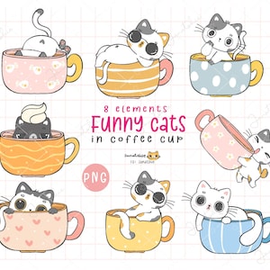 Coffee Cat Clipart: Kawaii Kitten in Teacup, Hand-Drawn PNG Set