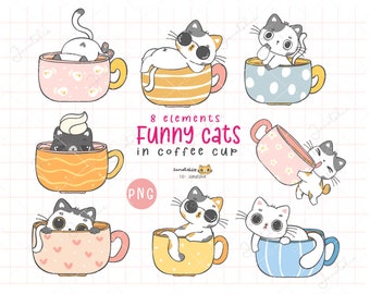 Coffee Cat Clipart: Kawaii Kitten in Teacup, Hand-Drawn PNG Set