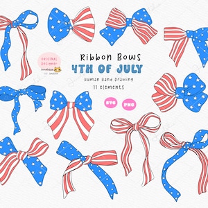 Lazo de coqueta, lazo del 4 de julio, conjunto de imágenes prediseñadas svg, lazo de cinta de la independencia, clipart PNG, chica suave y femenina, era estadounidense, sublimación.