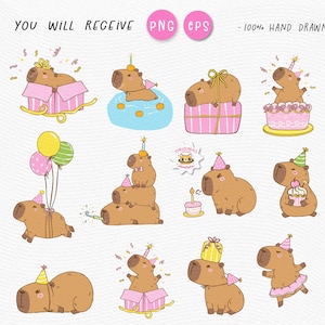 Birthday Capybara PNG | EPS Clipart Set | Cute Party Animal Cartoon Doodle | Capybara with Hat, Balloon, Cake | Printable Sublimation Design.

Bring the birthday cheer with this adorable Capybara Party Clipart Set! Featuring a lovable capybara in festive poses—wearing a party hat, holding balloons, cake, and more—this playful hand-drawn cartoon doodle set is perfect for invitations, stickers, shirts, cards, and sublimation projects.