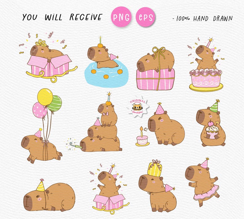 Birthday Capybara PNG | EPS Clipart Set | Cute Party Animal Cartoon Doodle | Capybara with Hat, Balloon, Cake | Printable Sublimation Design.

Bring the birthday cheer with this adorable Capybara Party Clipart Set! Featuring a lovable capybara in festive poses—wearing a party hat, holding balloons, cake, and more—this playful hand-drawn cartoon doodle set is perfect for invitations, stickers, shirts, cards, and sublimation projects.