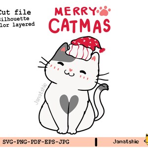 Lindo gato, archivo de corte svg de Navidad, lindo gato con gorro de Papá Noel, divertida ilustración de dibujos animados con feliz mensaje de Navidad