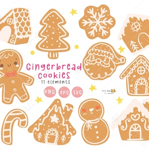 Conjunto de imágenes prediseñadas SVG de galletas de jengibre navideñas / Svg de Navidad kawaii / Galletas de jengibre PNG / Svg de hombre de jengibre / Casa de jengibre PNG