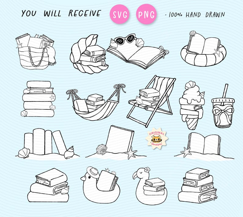 Summer Bookish Clipart: Coastal Beach Reading Doodles (SVG PNG Digital ...