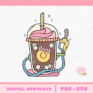 Puede incluir: Una ilustración de dibujos animados de un batido de chocolate con crema batida y una pajita, con una manguera de bomba de gasolina conectada a la taza. El batido tiene una cara sonriente y está decorado con cubos de azúcar blancos y una flor.