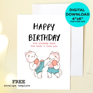 Niedliche Katze kämpfen, Muay Thai Boxen Geburtstagskarte, printable Karte, digitaler Download, Grusskarte, einfach zu Hause ausdrucken, Katzenzeichnung, Katzenliebe