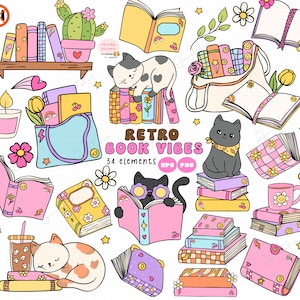 Groovy livresco png Reto pastel amante de livros Clube png clip art Gato lendo png Gato e livro png Vintage Moderno livresco png Disco booktrovert
