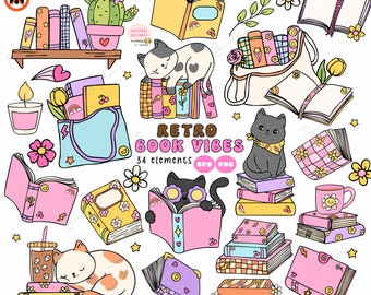 May include: A set of 34 retro book themed digital illustrations featuring cats, books, coffee cups, and plants. The illustrations are in a cartoon style and feature bright colors and patterns.