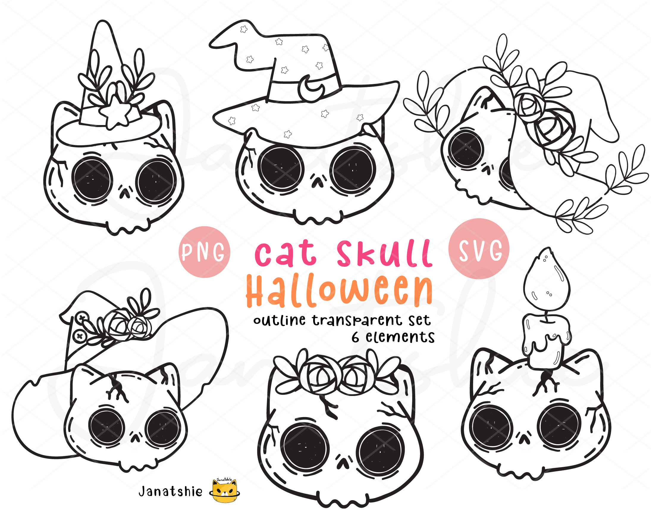 Cute Halloween Cat Skull Outline Svg Clipart Set Halloween - Etsy