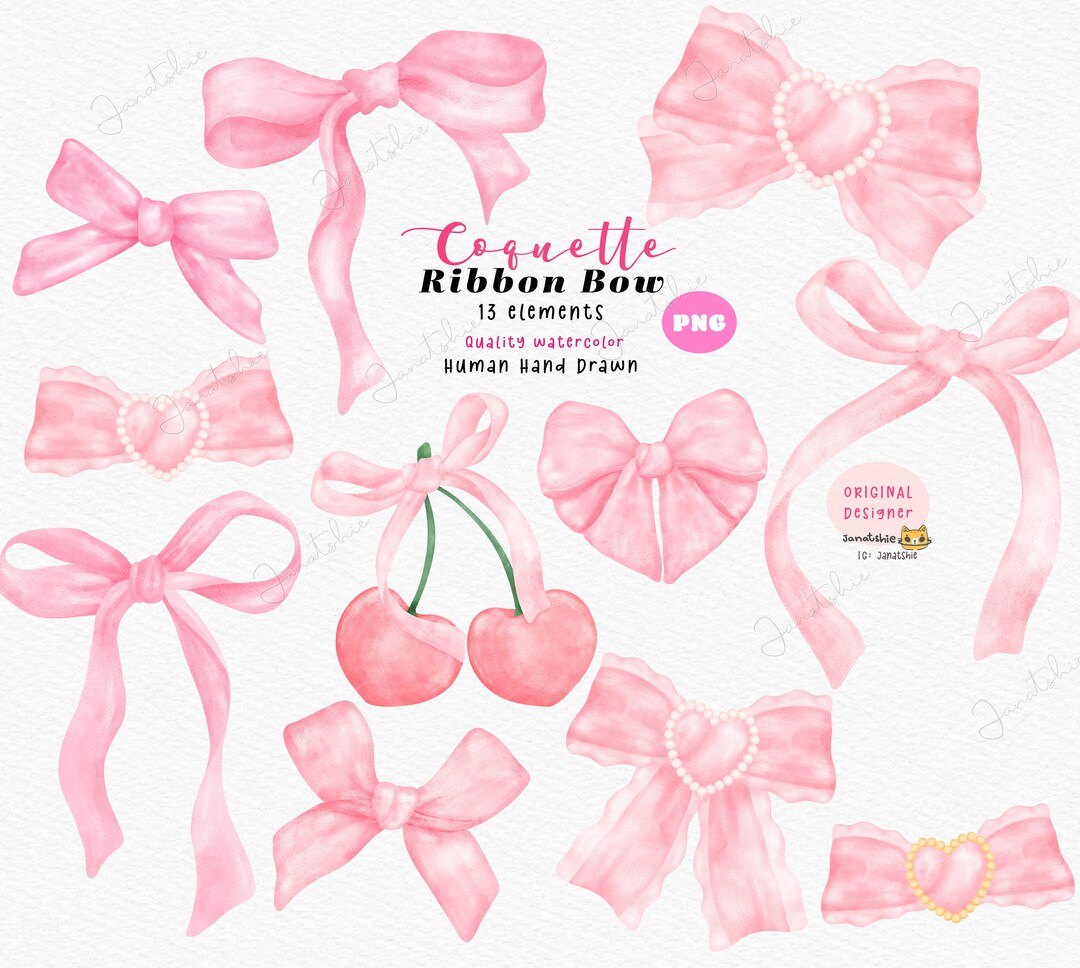 Preppy Coquette Bow PNG: Watercolor Pink Ribbon Cherries Clipart Set ...