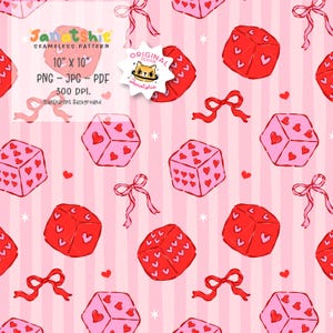 Könnte beinhalten: Nahtloses Muster mit roten und rosa Würfeln mit Herzmotiven und rosa Schleifen auf gestreiftem Hintergrund. Das Muster enthält den Text "Jartshie SEAMELESS PATTERN 10" x 10" PNG - JPG - PDF 300 DPI. Transparent Background."