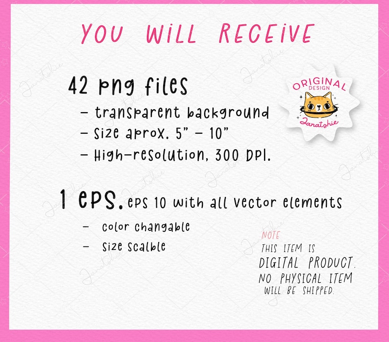 May include: Pink background with text: "YOU WILL RECEIVE" and details about 42 PNG files, including transparent backgrounds and sizes approximately 5"-10". Also includes 1 EPS file with vector elements. A digital product.