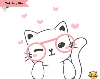 Cute cat svg cut file, nerd cat svg clip art, cat wearing glasses png, adorable kitten svg, digital cartoon illustration clipart SVG PNG