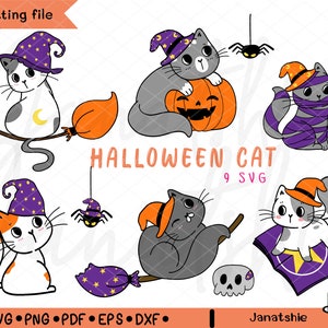 Halloween Cat Costume Clipart Set, Kawaii Witch Hats (SVG PNG PDF)