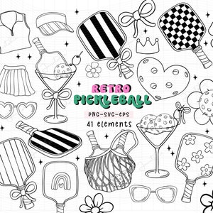 Retro Pickleball Outline SVG clipart set Trendy Pickleball svg Girl Social club pickle ball PNG lined doodle hand drawing set