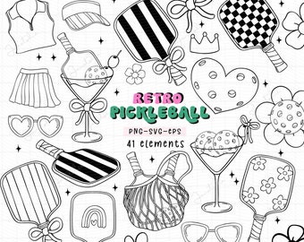 Retro Pickleball Outline Clipart Set: Doodle SVG, PNG (41 Files)