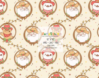 レトロなカウボーイサンタのクリスマスシームレスパターン：ウェスタンクリスマスデジタルダウンロード