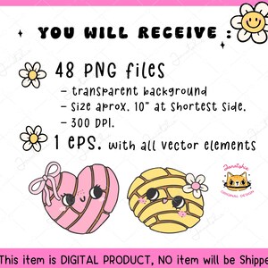 K&ouml;nnte beinhalten: Ein digitaler Download von 48 PNG-Dateien und 1 EPS-Datei mit zwei Cartoon-Illustrationen von Pan Dulce, einem traditionellen mexikanischen S&uuml;&szlig;brot. Die Illustrationen sind in Pink und Gelb mit braunen Akzenten und haben s&uuml;&szlig;e Gesichter. Der Text "YOU WILL RECEIVE:" befindet sich oben im Bild. Der Text "48 PNG files" und "1 EPS. with all vector elements" ist fett gedruckt. Der Text "transparent background", "Size aprox. 10" at Shortest side.", und "300 DPI." ist in normaler Schrift. Der Text "Janatshie ORIGINAL DESIGN" befindet sich in einem wei&szlig;en Kasten mit schwarzem Rand.