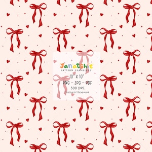 Red Coquette Bow Pattern: Valentine&#39;s Day & Christmas Day Digital Paper (PNG, JPG, PDF)