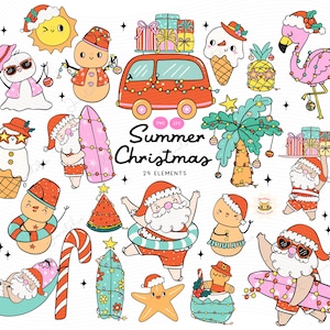 Paquete de imágenes prediseñadas navideñas tropicales retro de verano y maravillosas, Navidad costera, hombre de arena, Papá Noel de playa, palmera navideña, diseño de pegatinas