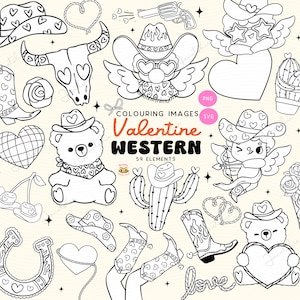 Retro Western Howdy Valentine Färbung Bild Clipart Groovy Cowgirl Herz png Cowboy Cupid png Niedliche Cartoon Hand gezeichnet bold line bundle