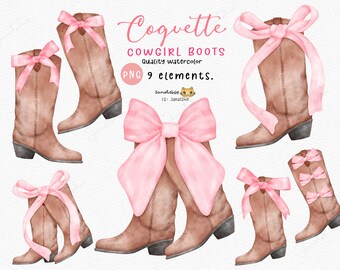 Coquette cowgirl-laarzen aquarel clipart: roze strik, png-set