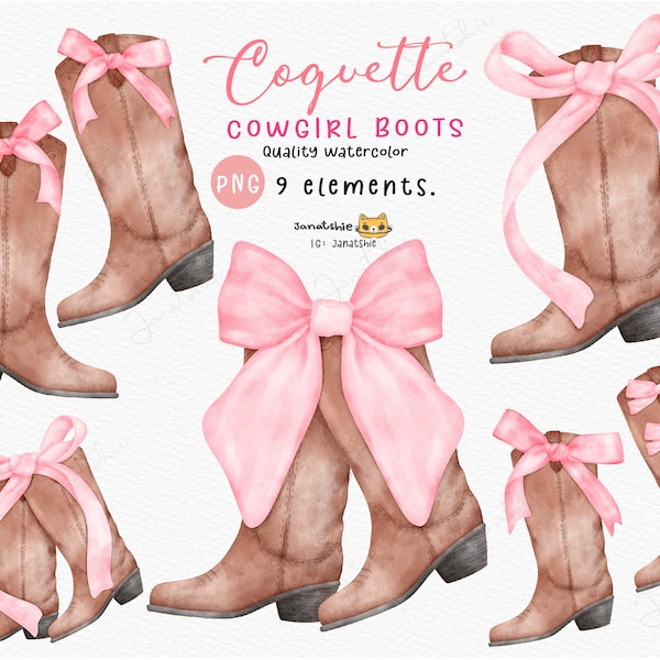 Coquette Cowgirl Boots PNG watercolor clipart set, Pink Cowgirl PNG, girly Boots with Pink Bow, Cowgirl Aesthetic, Girly Cowboy Clip art set