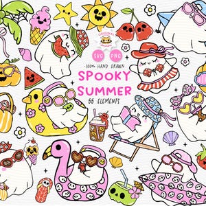 May include: A set of quirky, hand-drawn summer illustrations. The designs include ghosts with sunglasses, watermelon slices, and beach accessories. The text "Spooky Summer" is displayed in pink and green, with "SVG PNG" and "55 Elements" also visible.