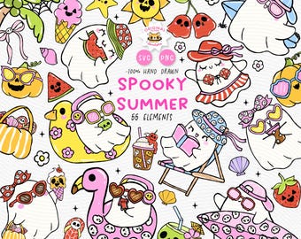 Zomer Halloween Ghost Girl Clipart: Groovy Pastel Summerween SVG PNG-set (digitale kunst downloaden)