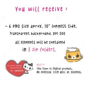 以下が含まれることがあります： かわいい漫画の猫が描かれた6つのPNG画像のデジタルダウンロード。各画像は最も長い辺で約25cm、透明な背景、300 DPIの解像度です。画像は3つのzipフォルダに含まれています。画像には、「for more update follow us on IG: Janatshie」と「NOTE** This item is Digital product. NO PHYSICAL ITEM WILL BE SHIPPED.」というテキストも含まれています。