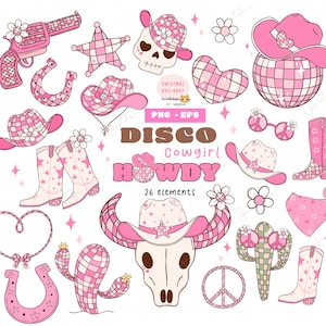 Vaquera disco, vaquera femenina, clipart de vaquera con bola de discoteca, clipart de vaquera moderna, sombrero vaquero femenino rosa fuerte retro