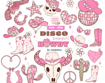 Disco cowgirl, Girly Cowboy,  Disco ball cowgirl clipart,  groovy cowgirl clipart, retro hot pink girly cowboy hat