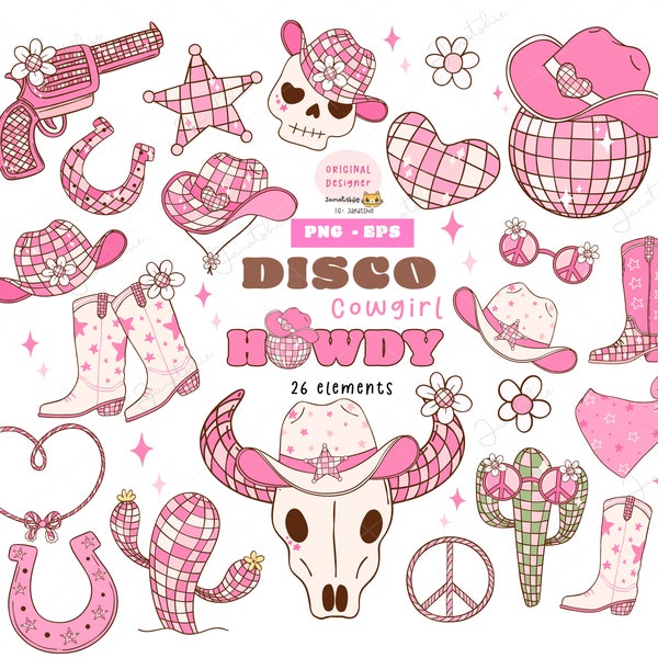 Disco cowgirl, Girly Cowboy,  Disco ball cowgirl clipart,  groovy cowgirl clipart, retro hot pink girly cowboy hat