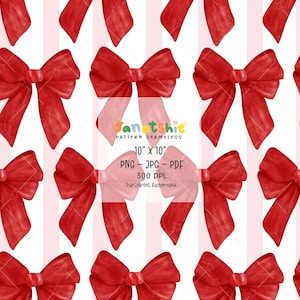 Coquette Christmas Bow Seamless Pattern: Red Watercolor Digital Paper (PNG JPG PDF)