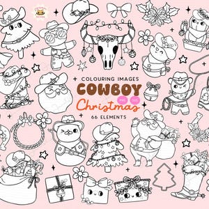 Retro Western Christmas Kolorowanka clipart png - svg Cowboy Christmas zarys czarno-biały Cześć Boże Narodzenie Retro Cowboy Santa