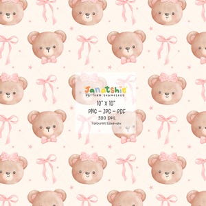 Ours en peluche vintage BCBG sans couture motif coquette avec noeud arrière-plan papier numérique répétition imprimable aquarelle - PNG, JPG, PDF