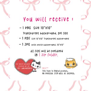 May include: Digital download of a cute cartoon cat and dog graphic in a heart shape. The graphic is available in PNG, PDF, and JPG formats. The image includes the text "for more update follow us on IG: jan.pattern:" and "NOTE** This item is Digital product. NO PHYSICAL ITEM WILL BE SHIPPED."