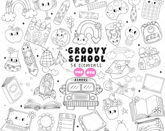 Groovy Back To School Outline Doodle SVG PNG Clipart: Retro Disco School Supply Lined Set,  Cartoon Hand Drawn