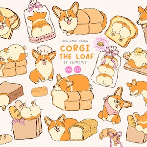 Kawaii Corgi Bread Loaf Clipart Set: Whimsical Bakery Dog PNG Hand Drawn (Digital Download)