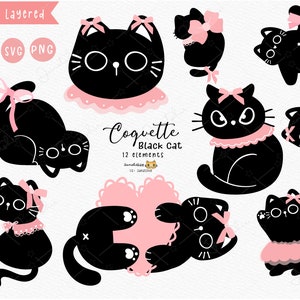 Coquette désordonnée chat png coquette sombre chat noir chaton rococo chaton girly drôle vecteur EPS, PNG